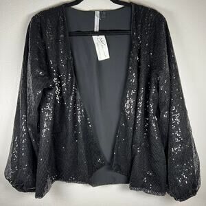 NY Collection Women's black sequin open front balloon sleeve cardigan blazer NWT
